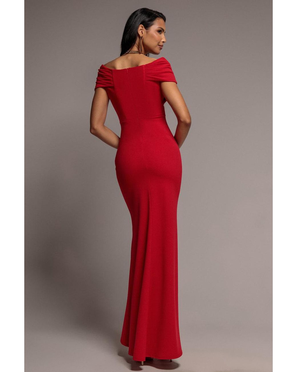 Goddiva Red Pleated Bardot Wrap Mermaid Maxi Dress