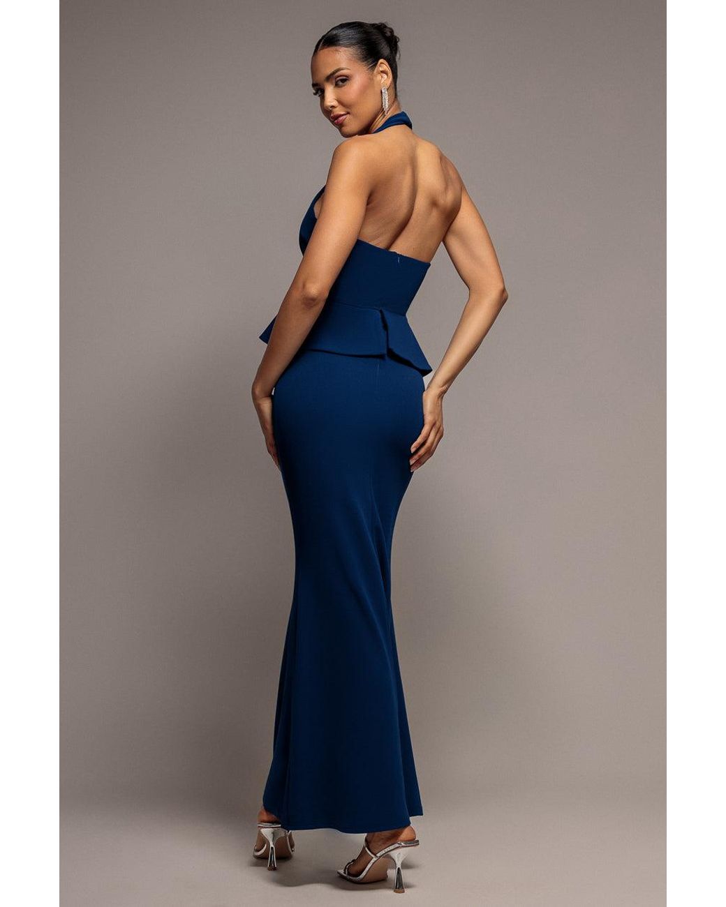 Goddiva Blue Peplum Halter Neck Maxi Dress With Diamante Buckle
