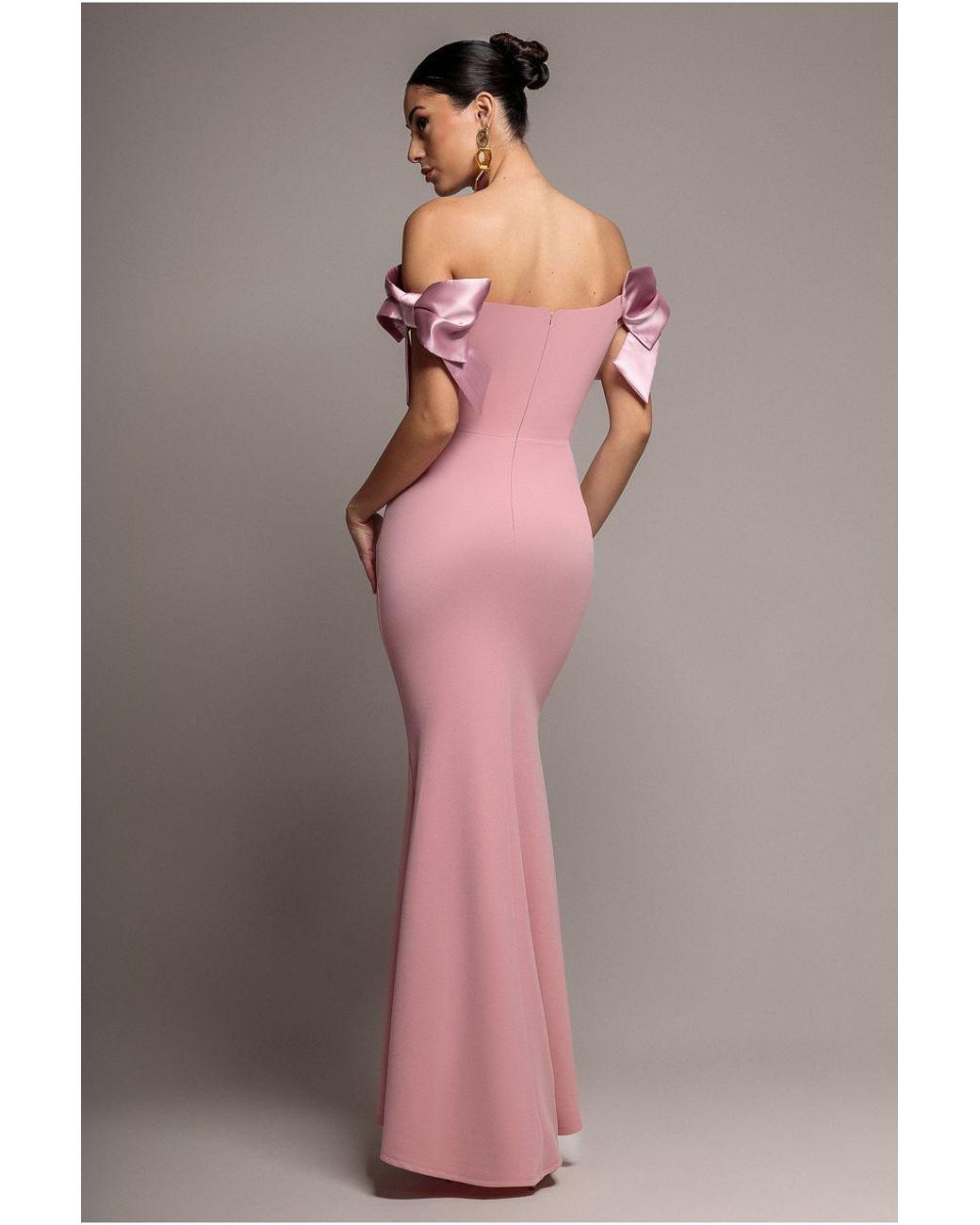 Goddiva Pink Satin Bow Bardot Sheath Maxi Dress
