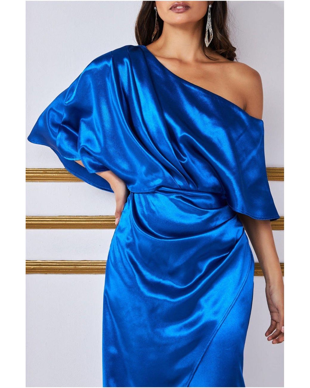 Goddiva Blue Satin Drape Shoulder Wrap Maxi Dress