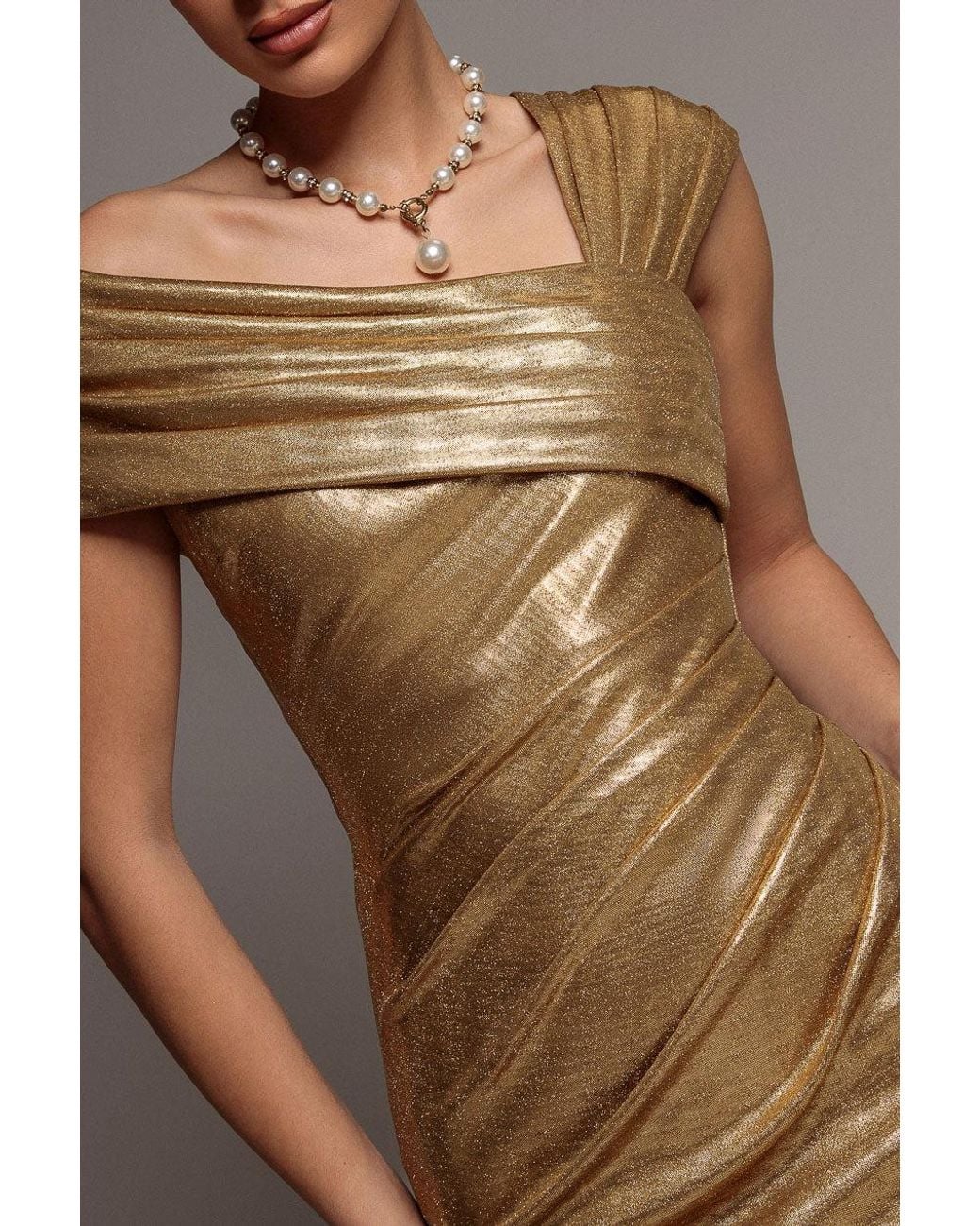 Goddiva Brown One Shoulder Asymmetric Foil Scuba Maxi Dress