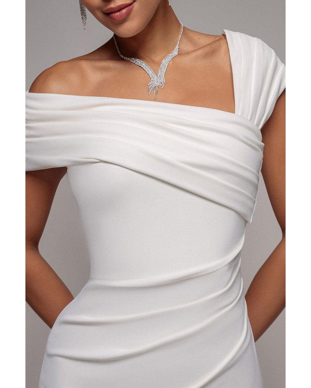 Goddiva Gray Scuba Crepe Pleated Drop Shoulder Midi Dress
