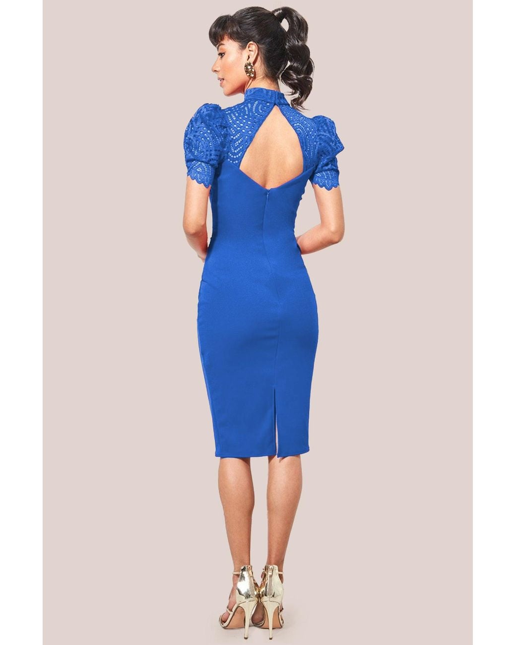 City Goddess Blue Open Back Puffed Lace Top Midi