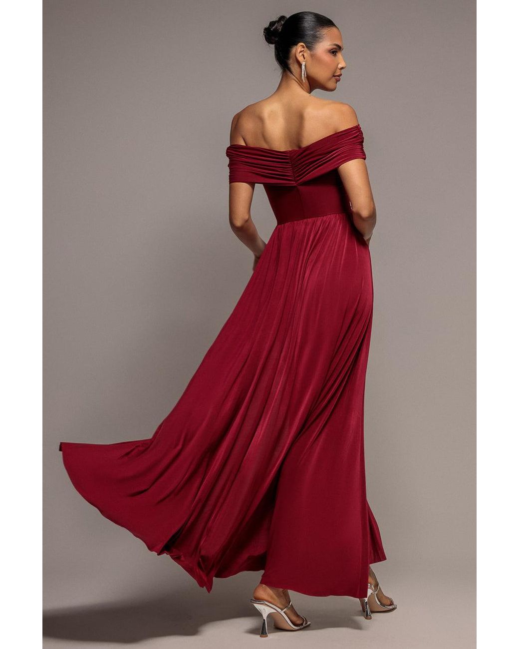 Goddiva Gathered Bardot Maxi Dress With Front Split