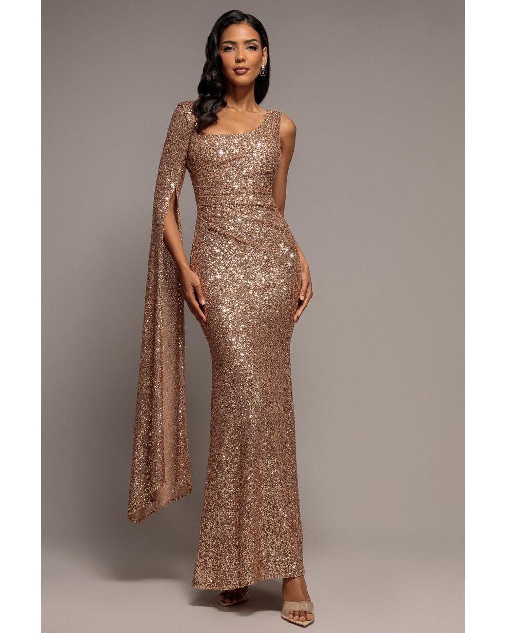 Goddiva Brown One Side Cape Sleeve Sequin Maxi Dress
