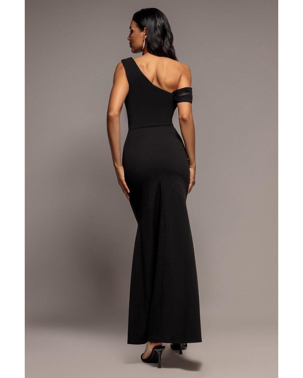 Goddiva Brown Cowl Neck One Shoulder Scuba & Chiffon Maxi Dress
