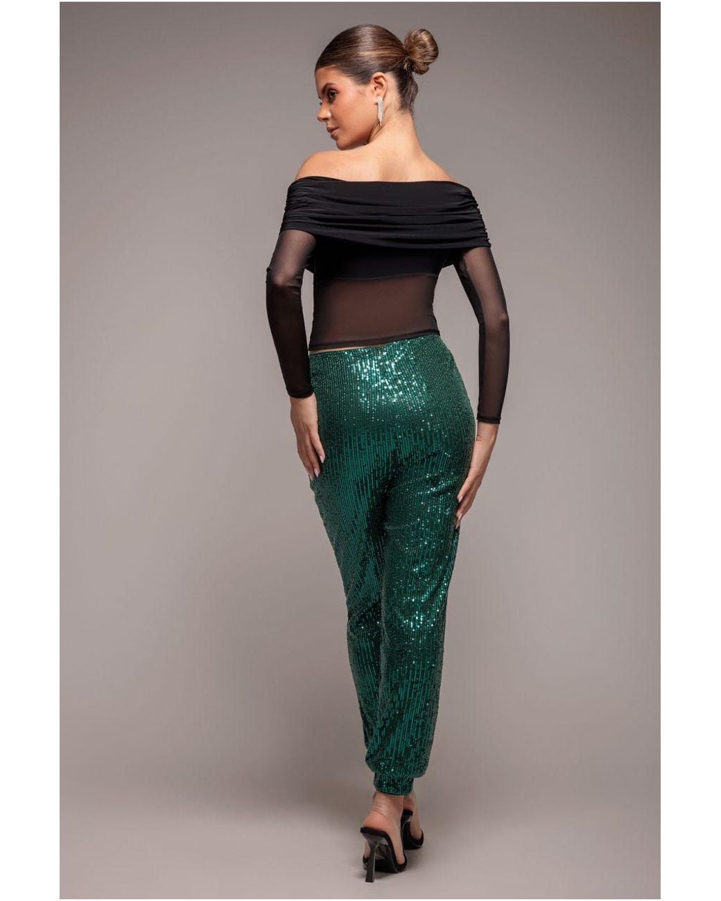 Goddiva Green Sequin Cuffed Ankle Trouser