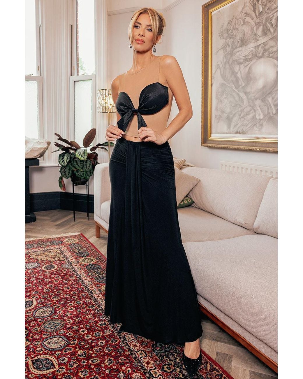 Goddiva Illusion Mesh Sleeveless Taffeta Bow Top in Black | Lyst