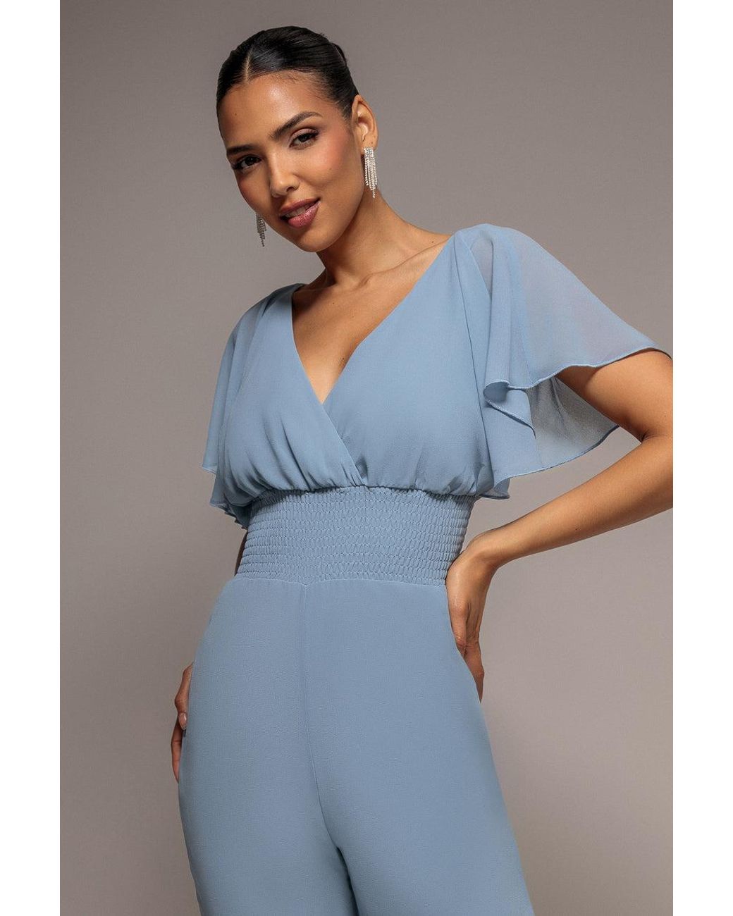 Goddiva Blue Chiffon Jumpsuit With Flutter Sleeves