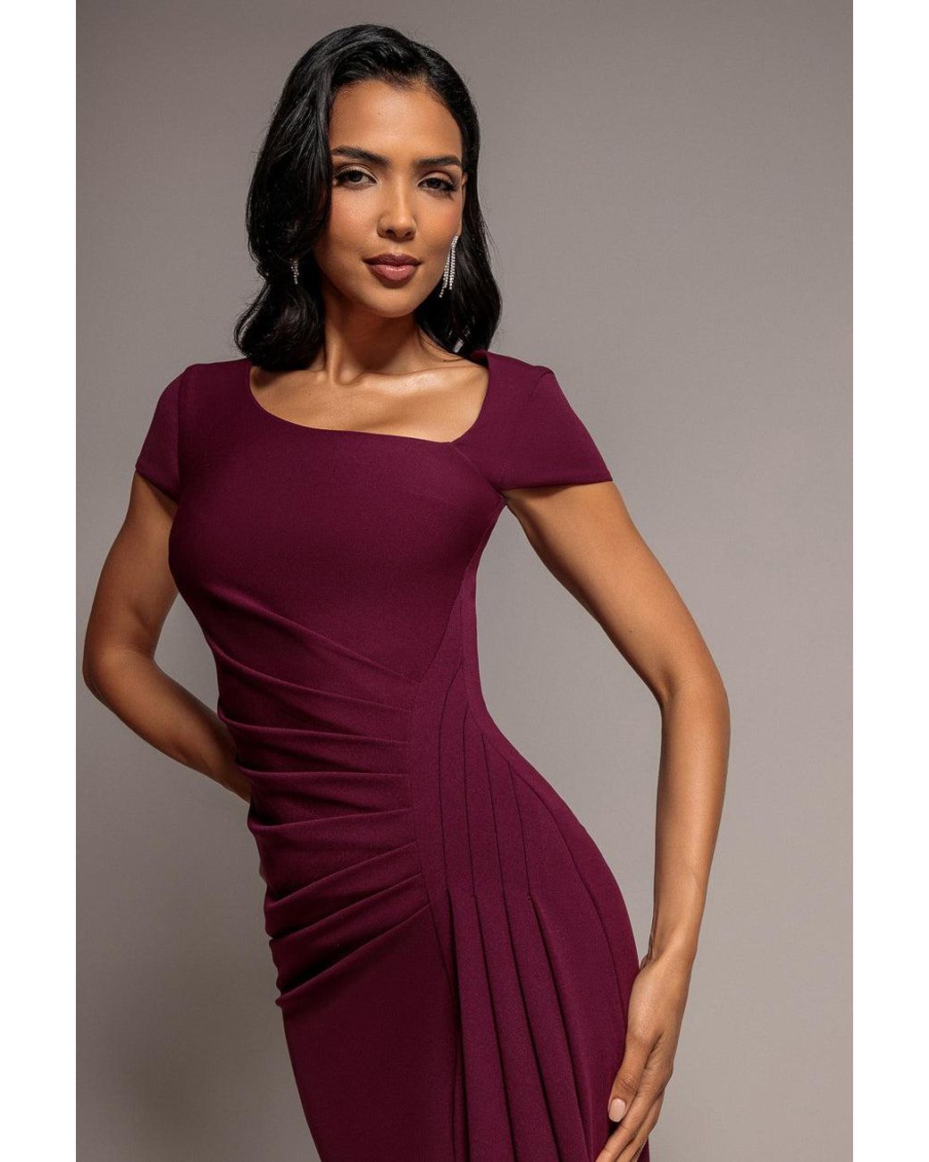 Goddiva Red Cap Sleeve Pleated Asymmetric Maxi Dress