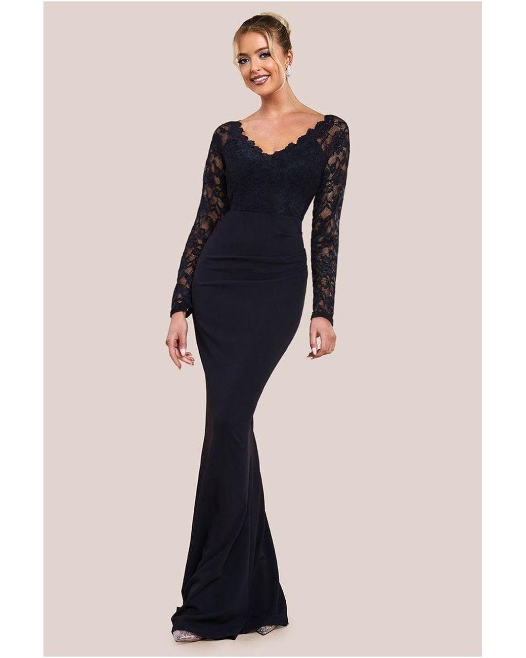 Goddiva Blue Scalloped Lace & Scuba Maxi Dress