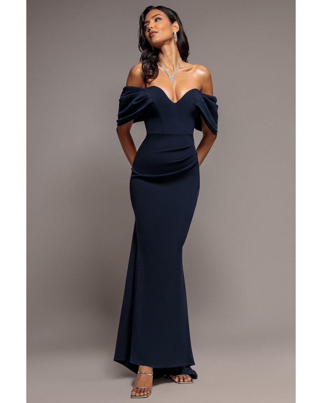 Goddiva Blue Off The Shoulder Draped Sleeve Maxi Dress