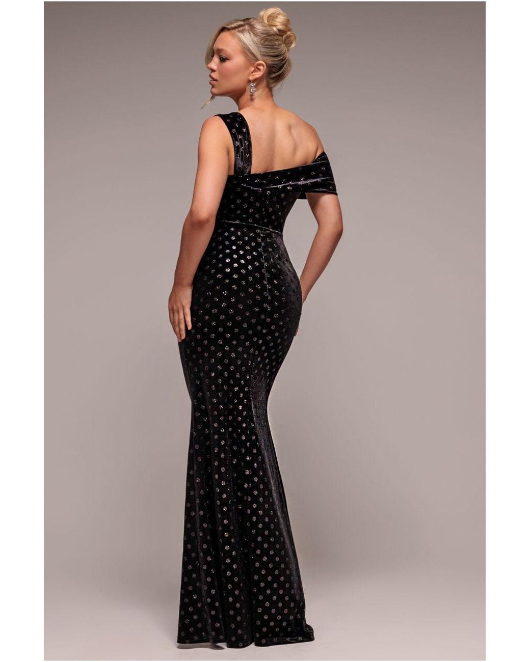 Goddiva Black Glitter Polka Dot Velvet One Shoulder Maxi Dress