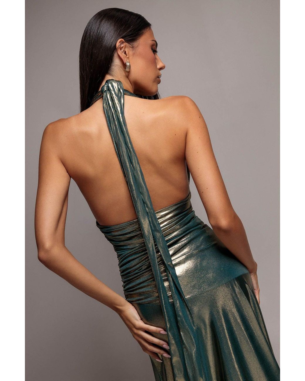 Goddiva Gray Halterneck Empire Waist Gathered Sunrise Foil Maxi Dress
