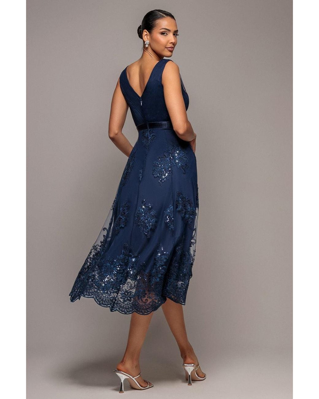 Goddiva Blue Pleated Satin Bodice High And Low Dress