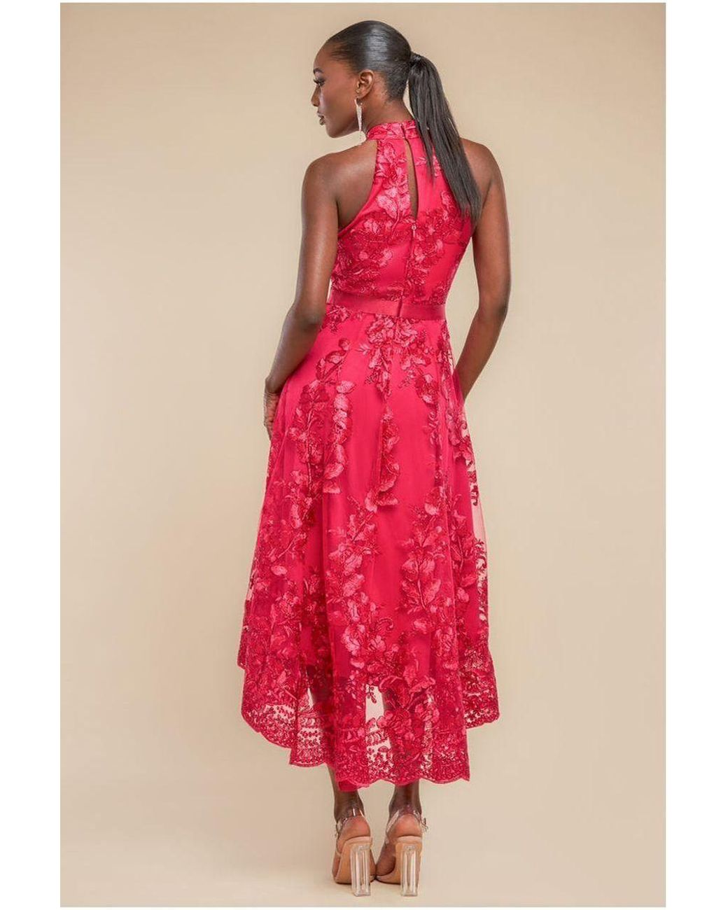 Goddiva Red Halter Neck Lace High And Low Dress