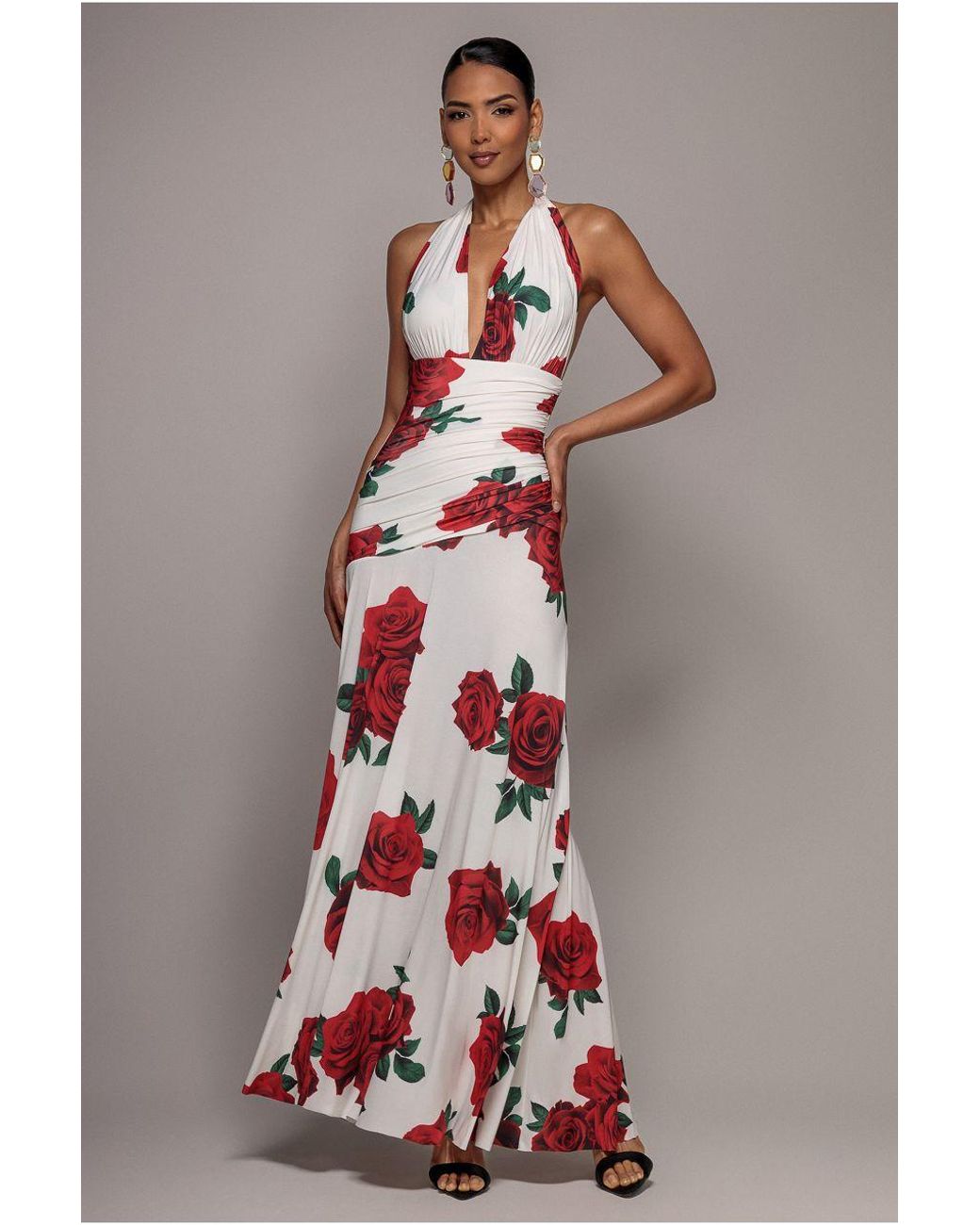 Goddiva Multicolor Floral Halter Neck Empire Waist Gathered Maxi Dress