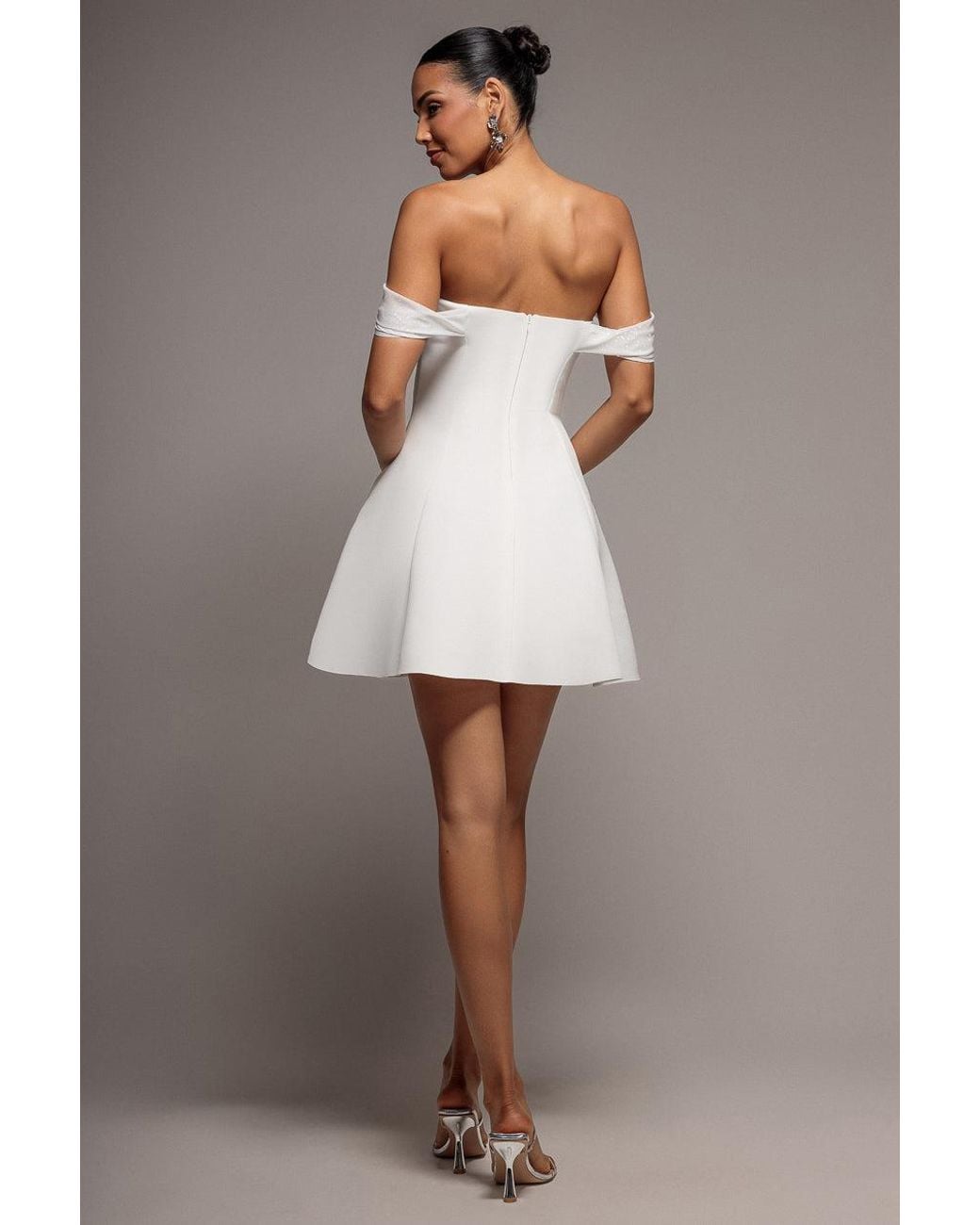 Goddiva Natural Sparkle Chiffon Cowl Bardot Skater Mini Dress