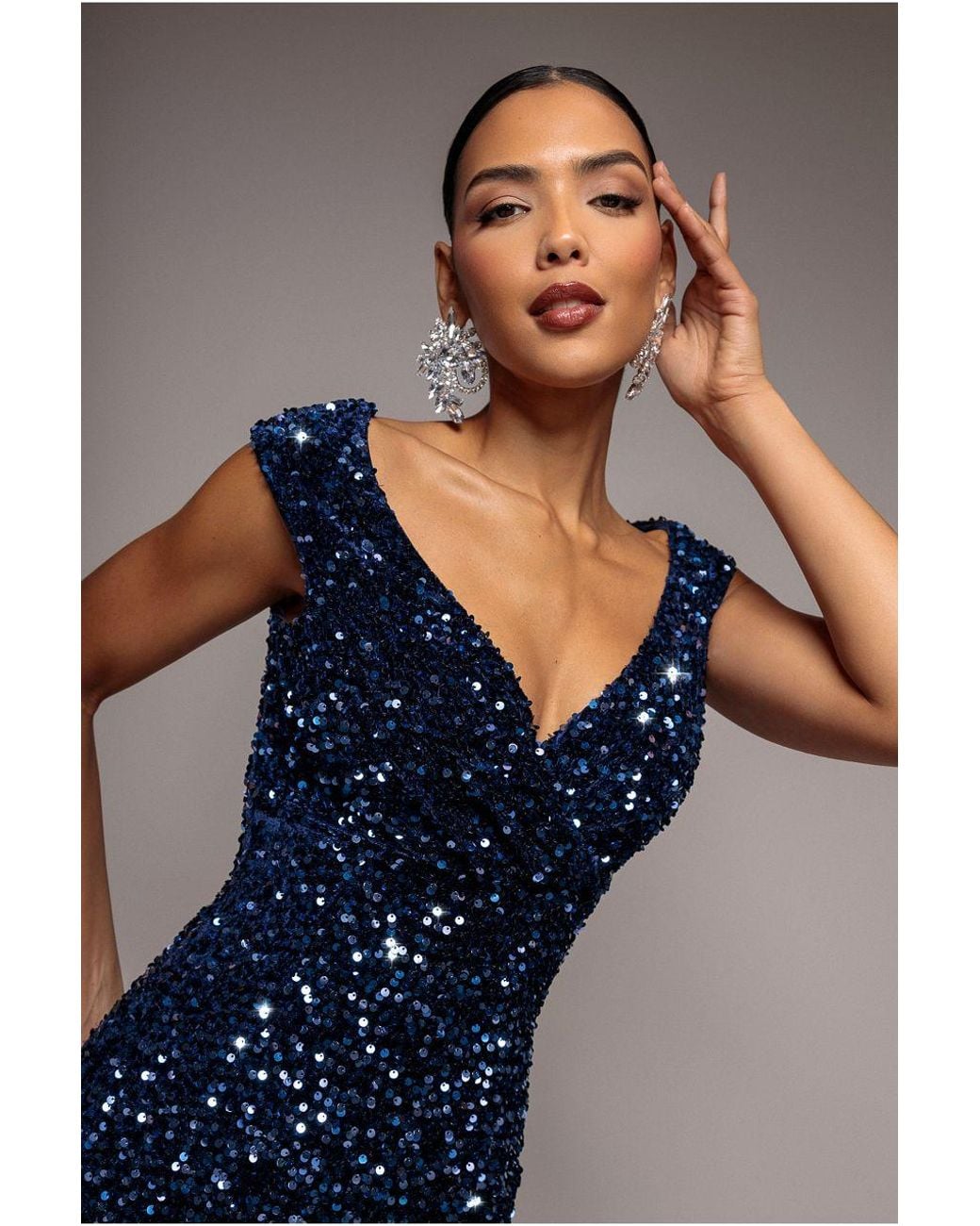 Goddiva Blue Multi Sequin & Velvet Bardot Midi Dress