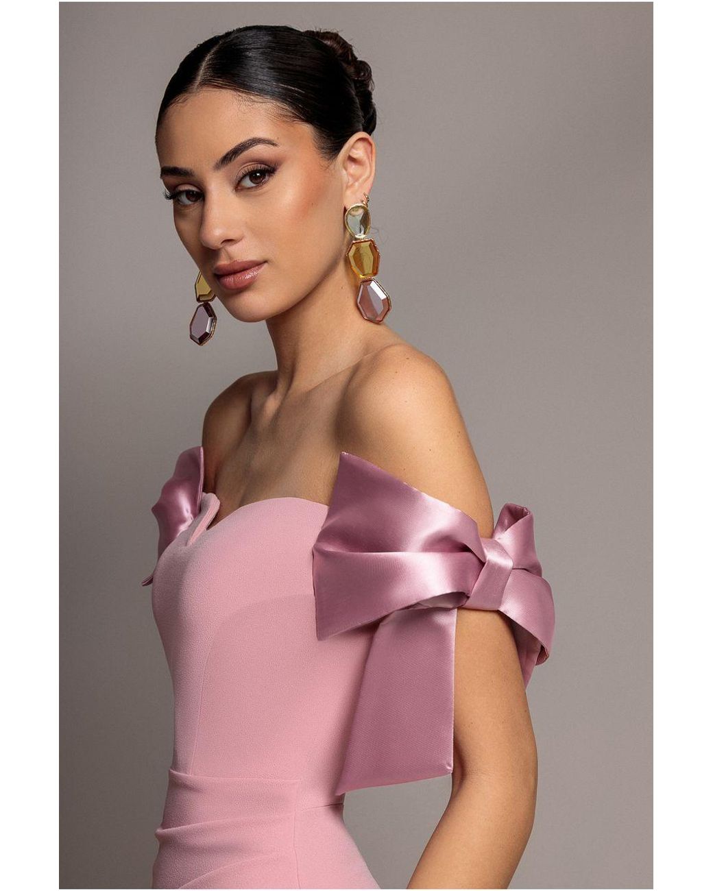 Goddiva Pink Satin Bow Bardot Sheath Maxi Dress
