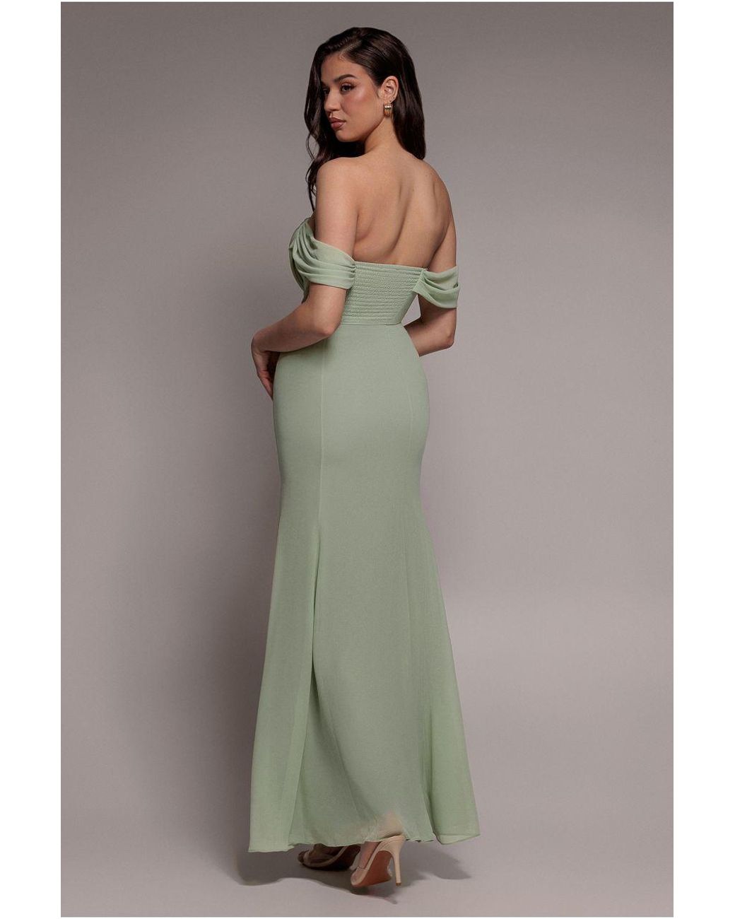 Goddiva Green Chiffon Bardot Cowl Neck Maxi Dress
