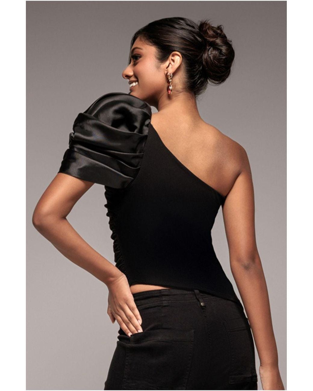 Goddiva Gray One Shoulder Puffed Satin Sleeve Asymmetric Scuba Top