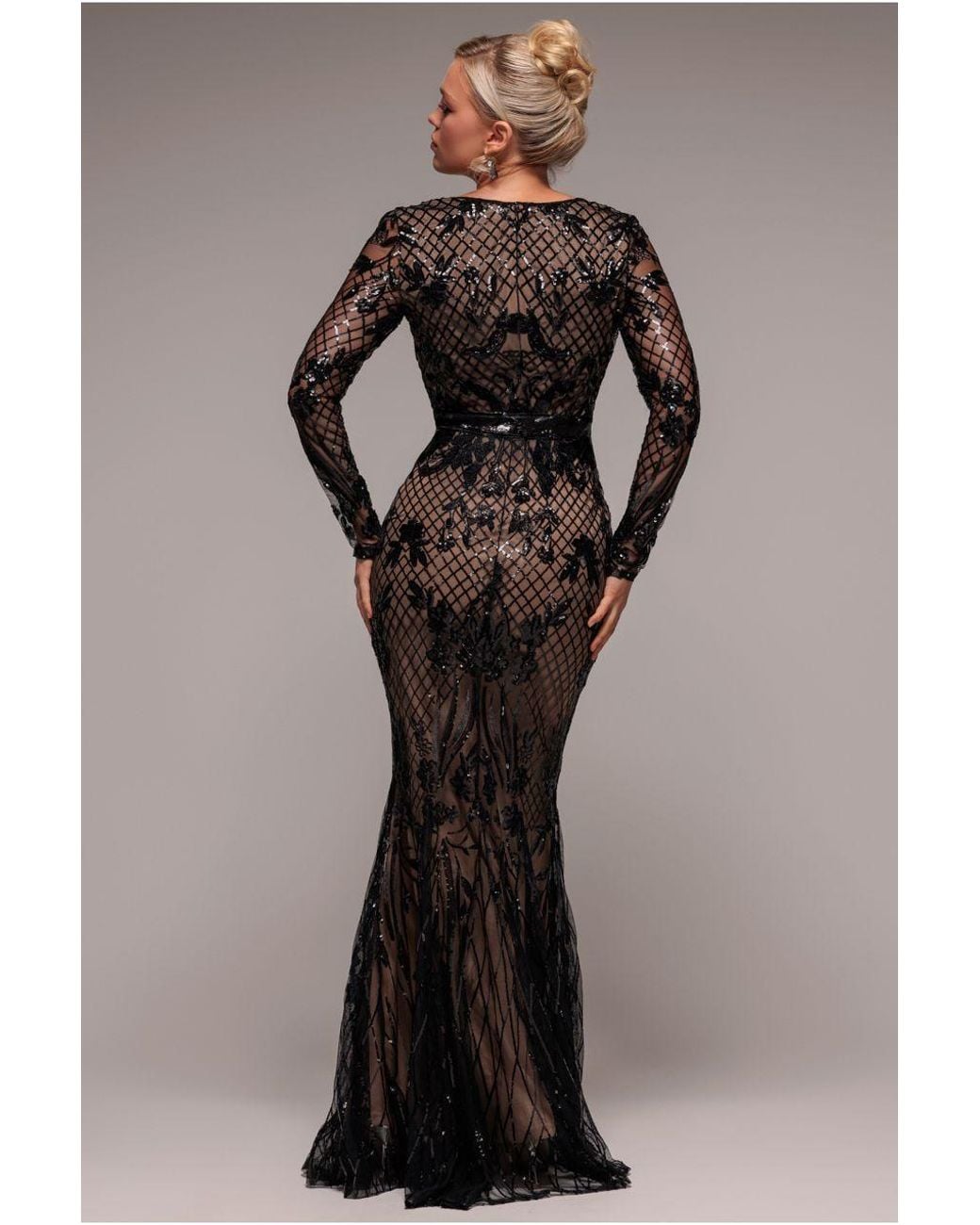 Goddiva Black Full Sleeve Sequin Evening Dress