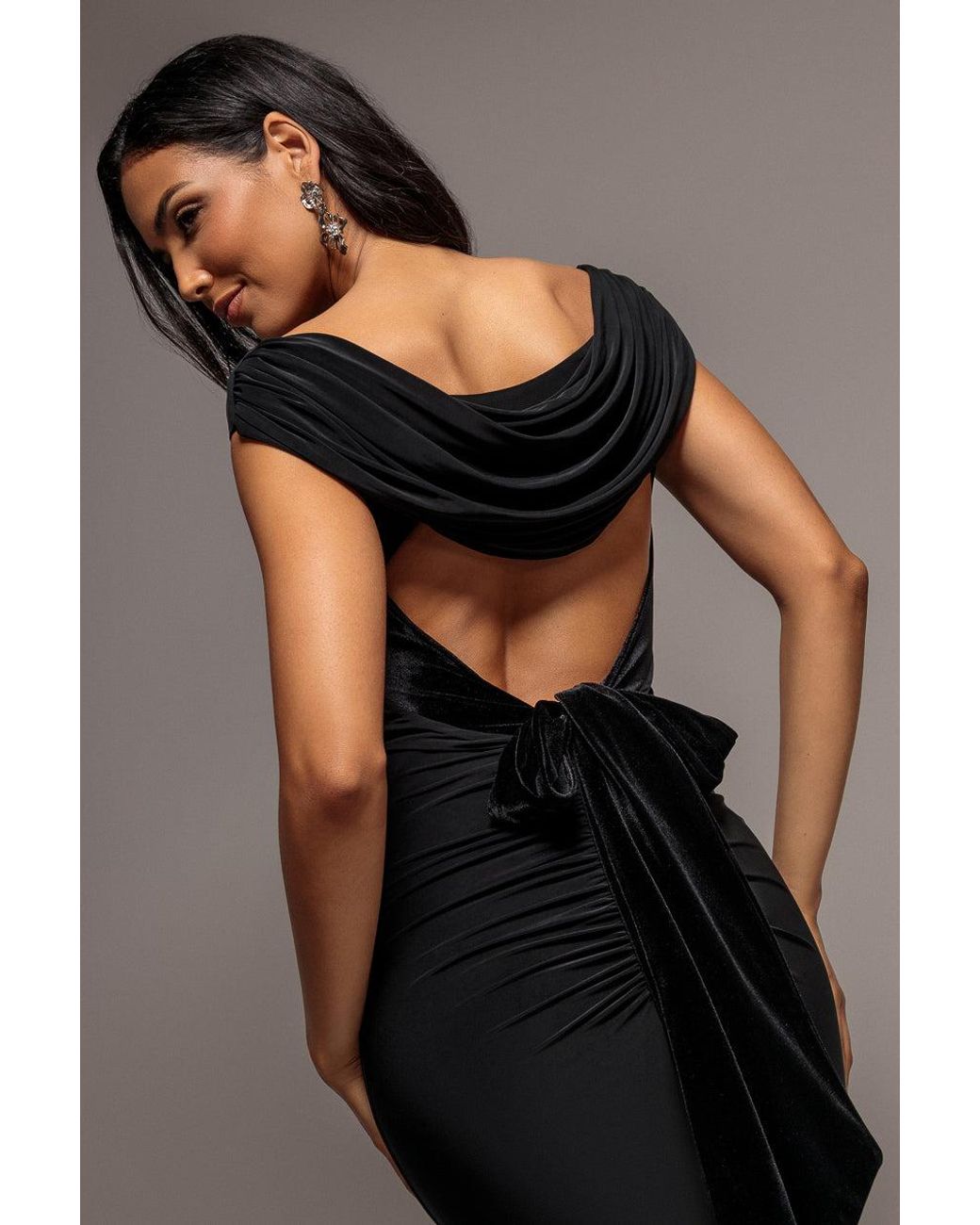 Goddiva Black Open Back Cowl Neck Gathered Maxi Dress With Velvet Tie Back