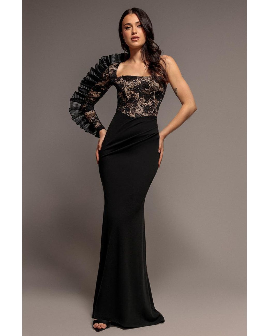 Goddiva Blue One Shoulder Organza Fan Detail Lace Bodice Maxi Dress