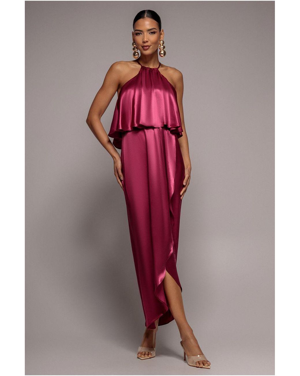 Goddiva Pink Satin Viscose Front Wrap Midi