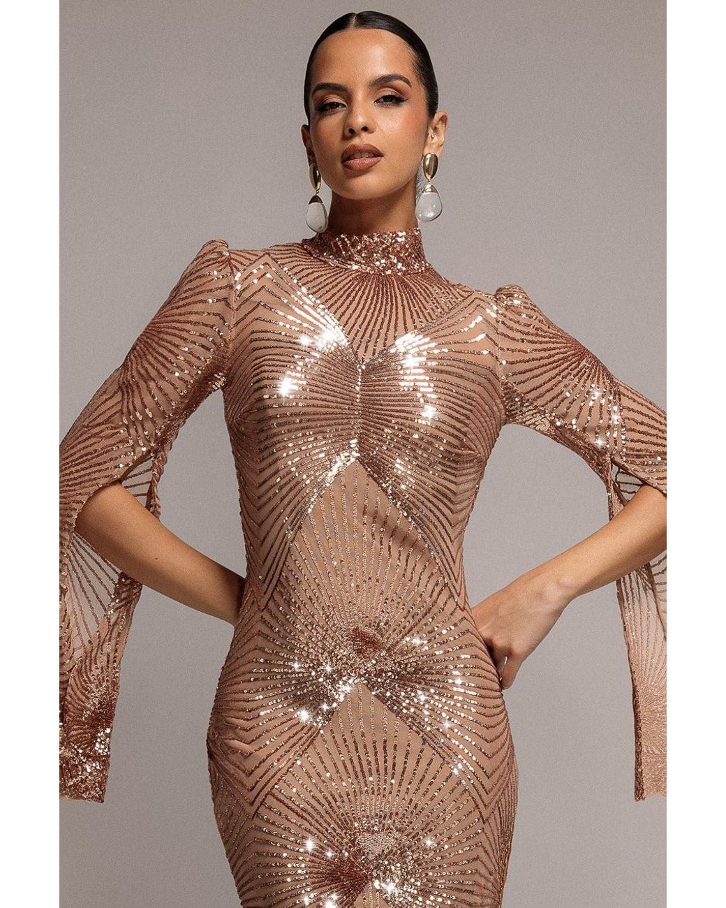 Goddiva Green Sequin Starburst Cape Sleeve Midi Dress