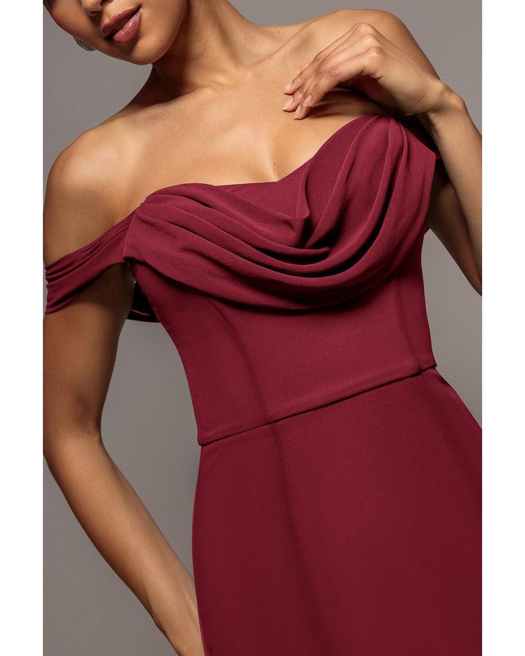 Goddiva Red Chiffon Bardot Cowl Neck Maxi Dress