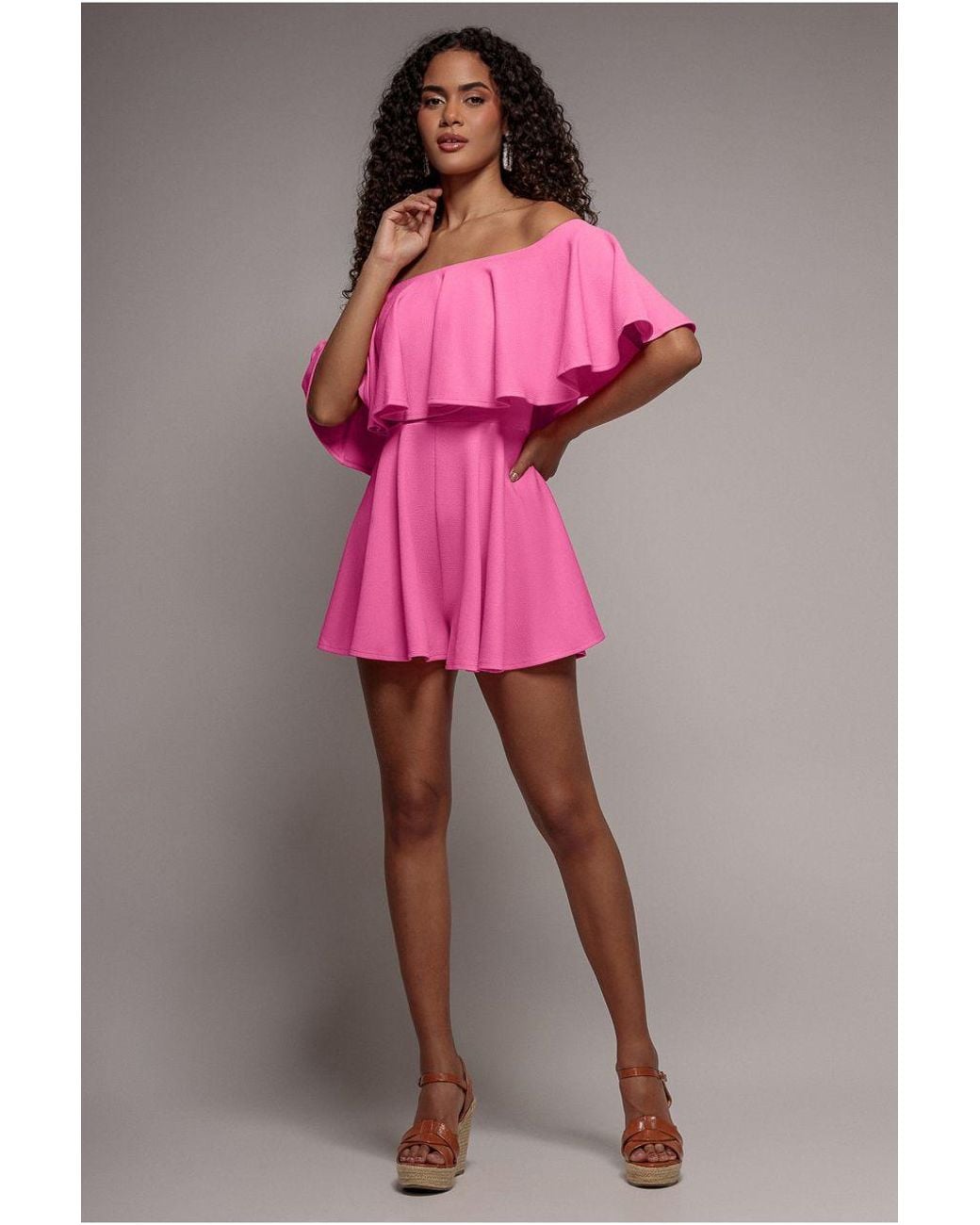 Goddiva Pink Off The Shoulder Frill Neck Skater Romper