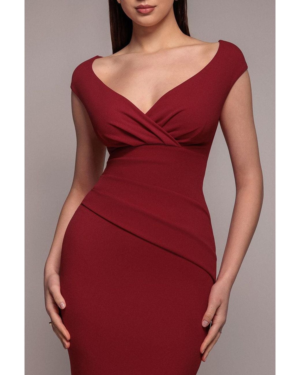 Goddiva Red Bardot Pleated Maxi Dress