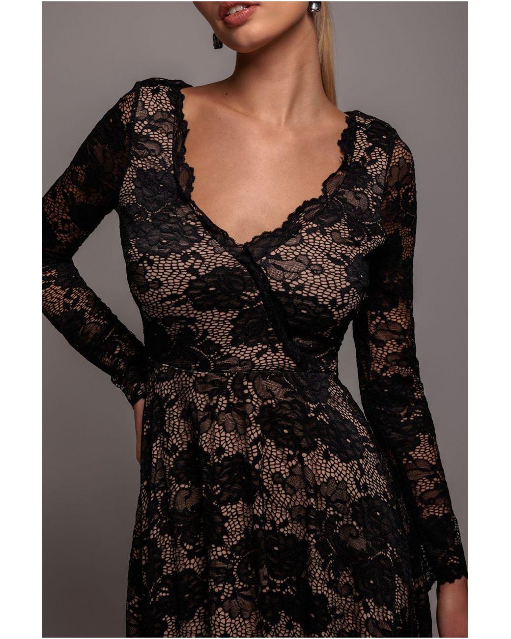 Goddiva Black Scalloped Lace A-Line Midi Dress