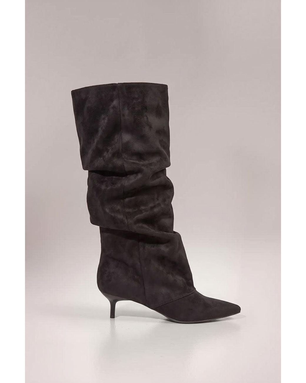Goddiva Black Pointed-Toe Knee High Slouchy Kitten Heel Boots