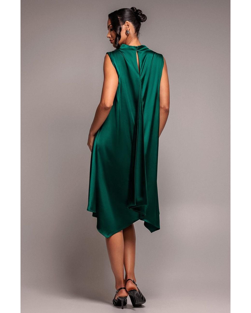 Goddiva Green Cowl Neck Back Wing Satin High Low Midi Dress