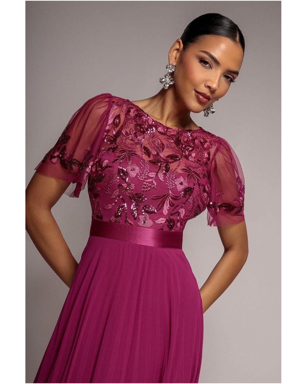 Goddiva Pink Embroidered Top Chiffon Pleated Midi
