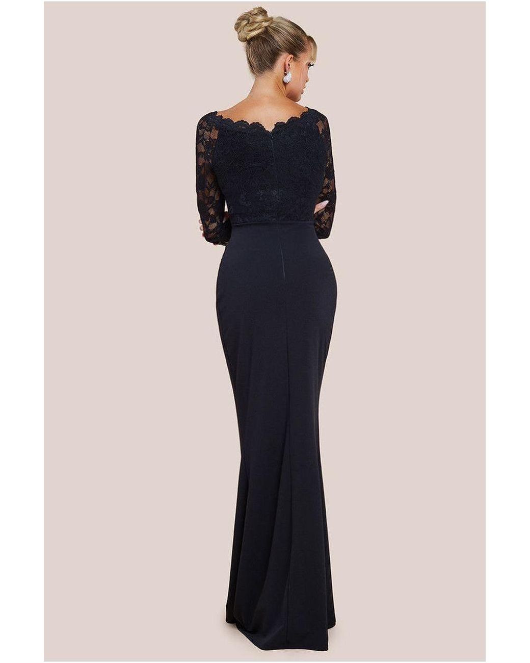 Goddiva Blue Scalloped Lace & Scuba Maxi Dress
