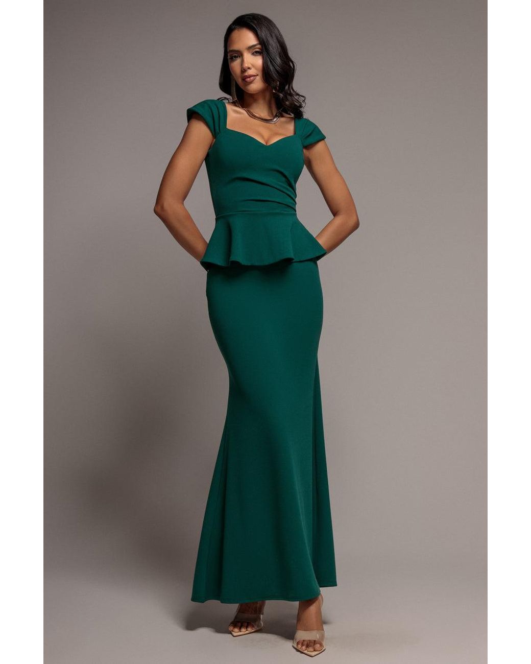 Goddiva Green Cap Sleeve Sweetheart Peplum Scuba Maxi Dress