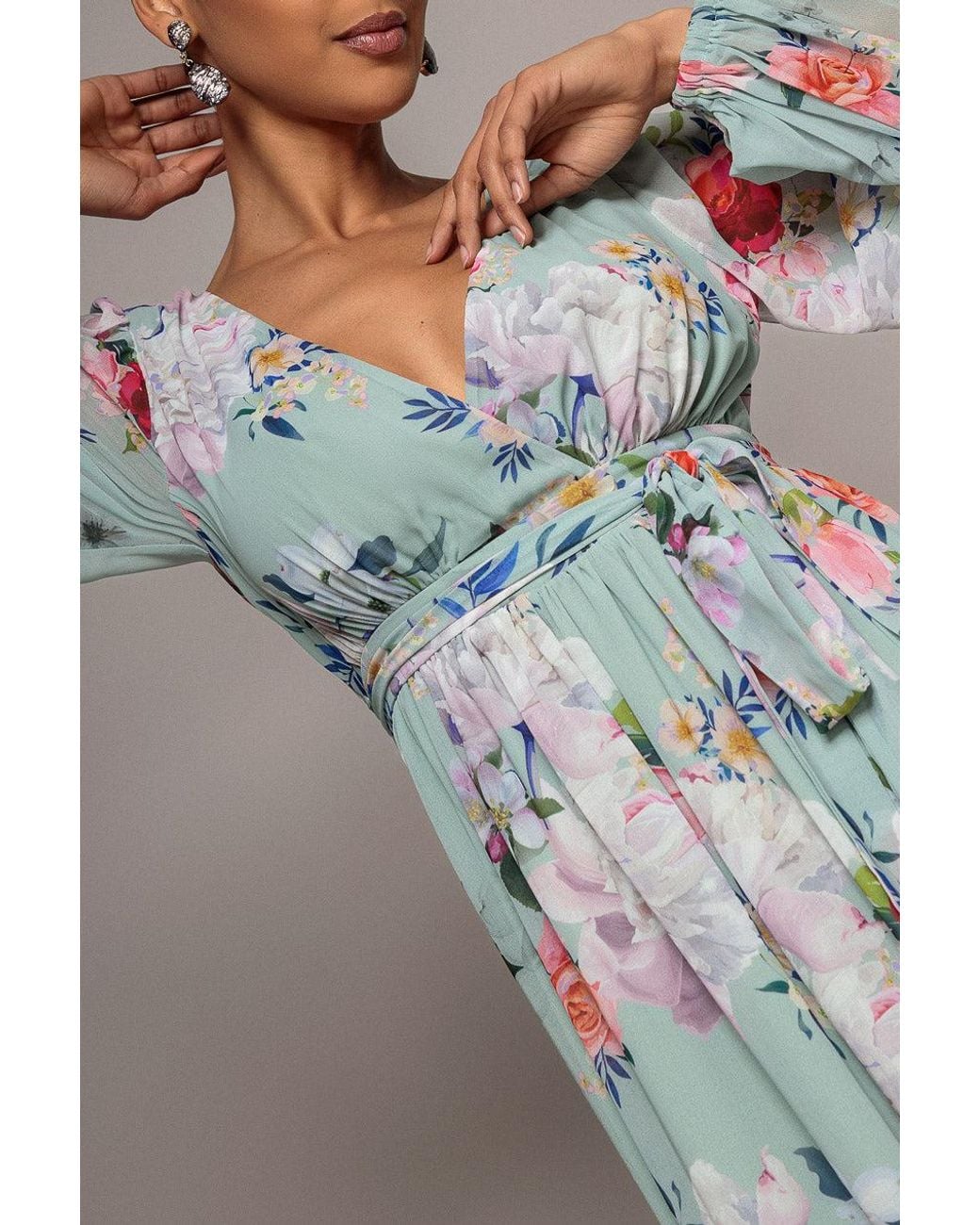 Goddiva Gray Wrap Front Slit Floral Maxi Dress