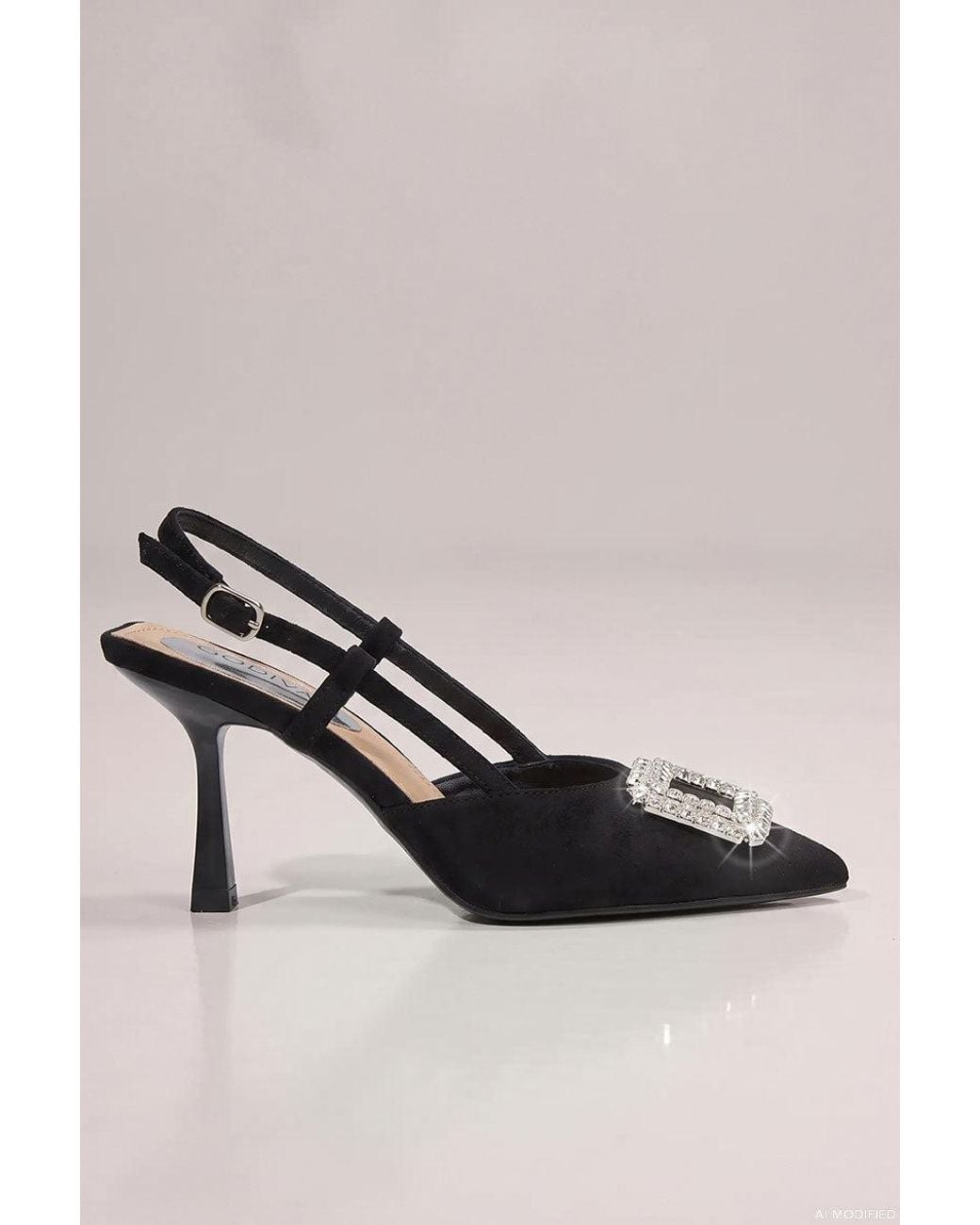 Goddiva Black Diamante Buckle Embellished Pointed Toe Sling Back High Heel