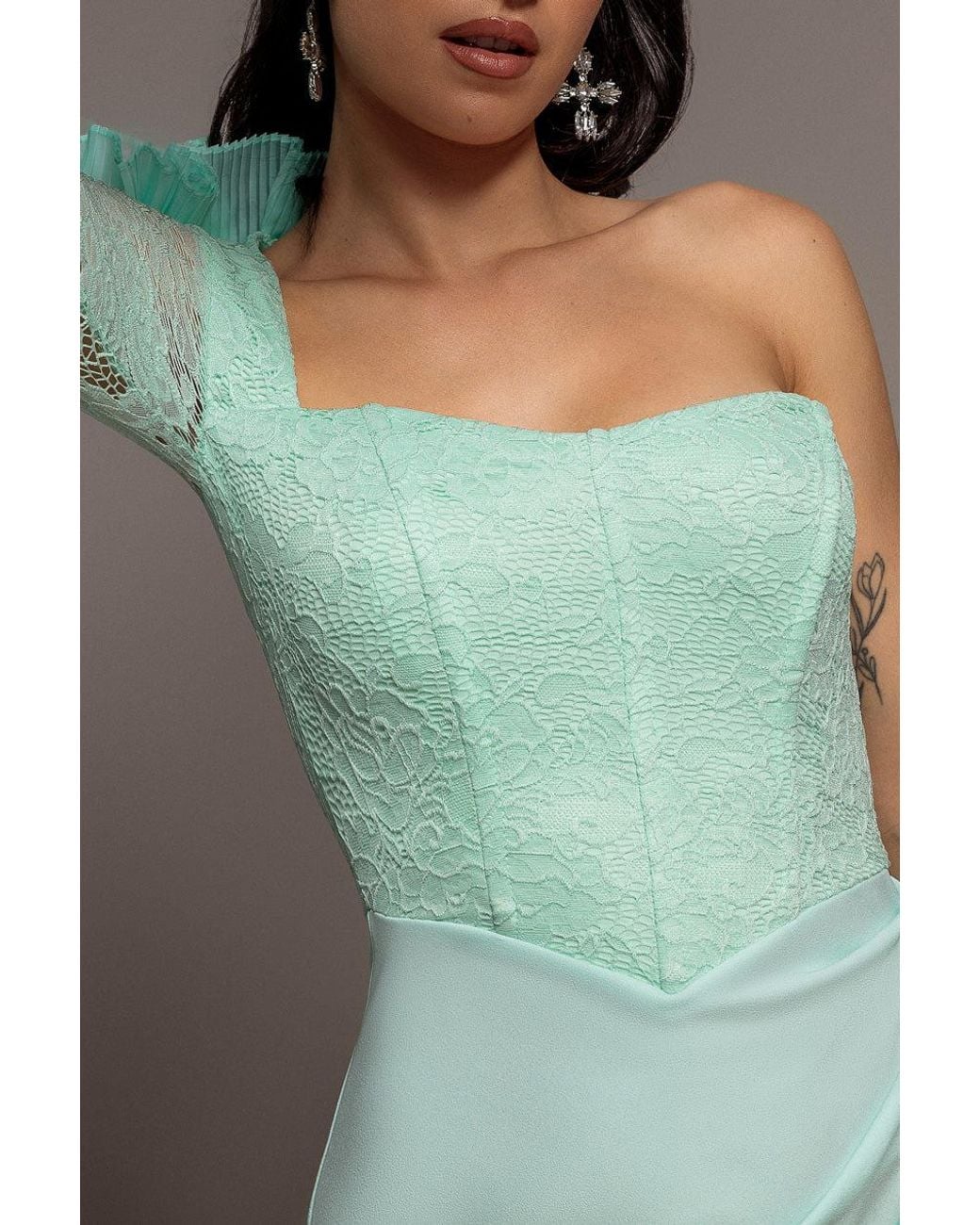 Goddiva Blue One Shoulder Organza Fan Detail Lace Bodice Maxi Dress