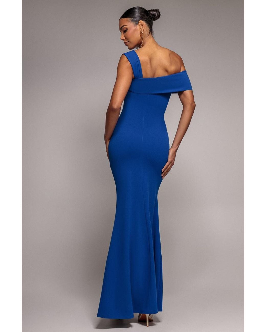 Goddiva Blue Sustainable Off Shoulder Asymmetric Pleated Waist Maxi Dress