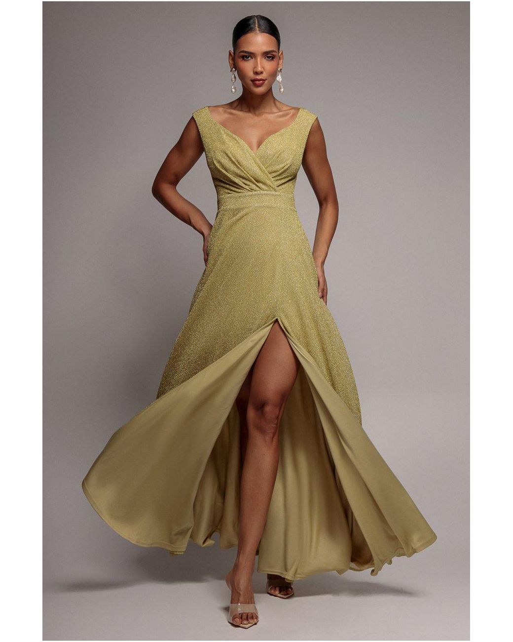 Goddiva Natural Crossover Lurex Glitter Maxi Dress