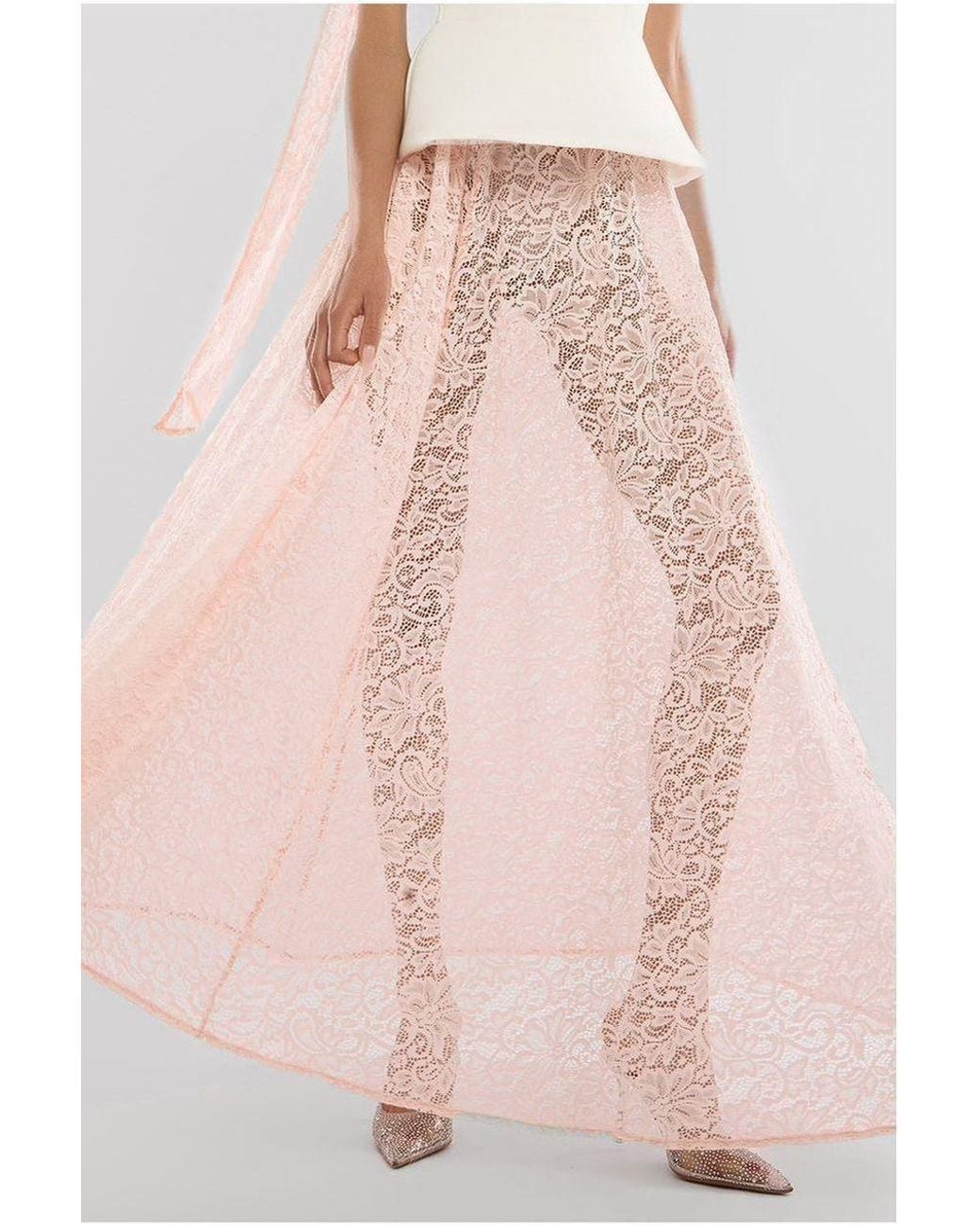 Goddiva Pink Scuba Boobtube Peplum Corset With Floral Lace A-Line Maxi Skirt With Scarf