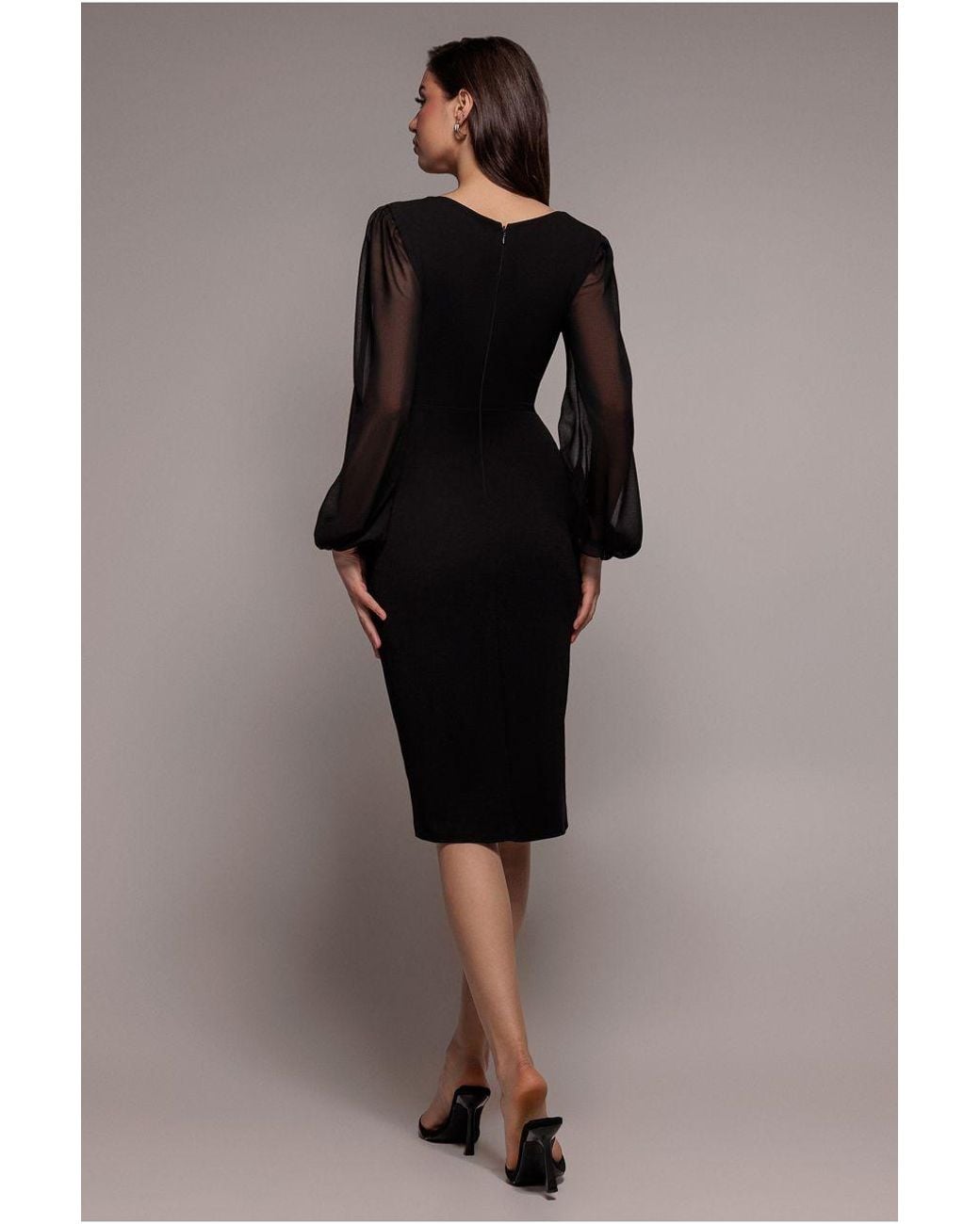 Goddiva Brown Scuba & Chiffon Balloon Sleeve Wrap Midi Dress