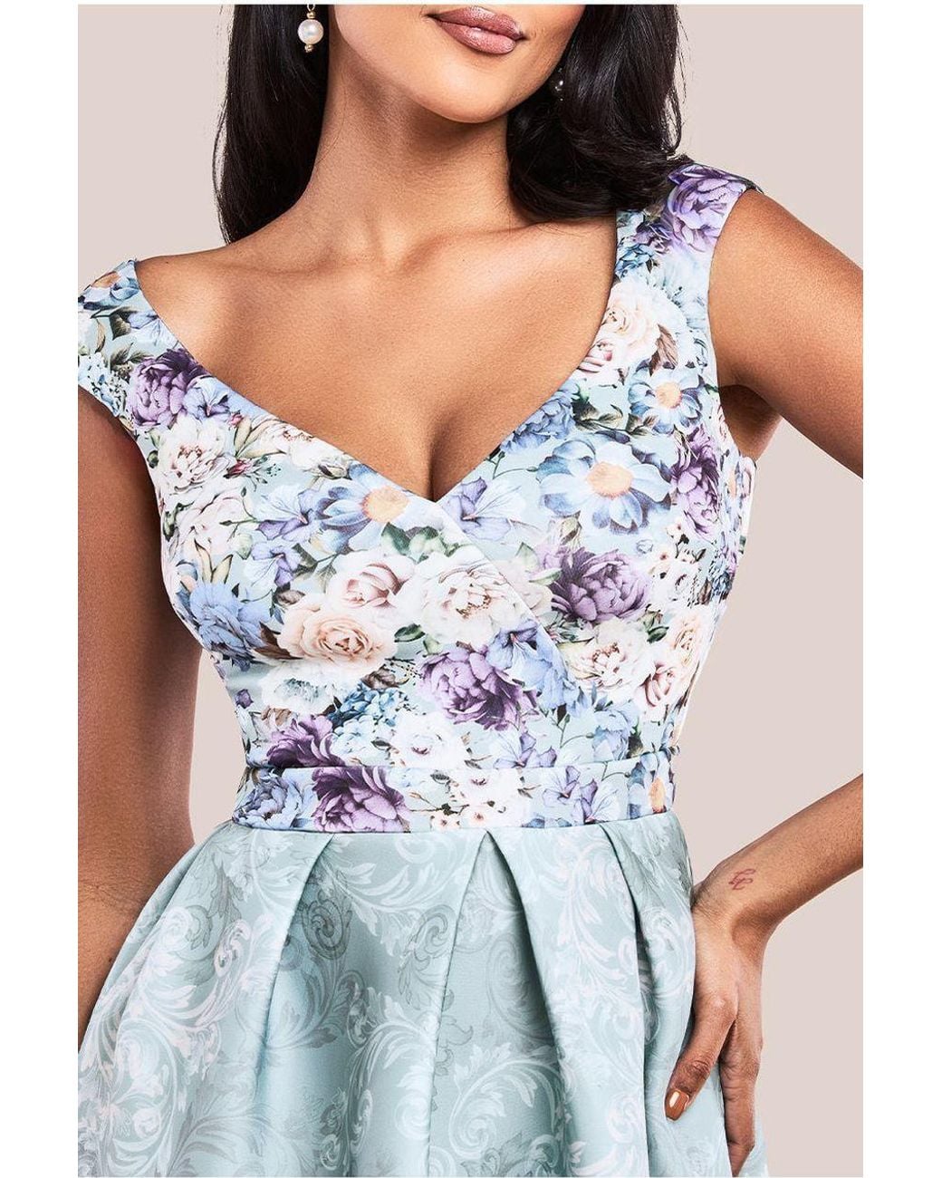 Goddiva Blue Sweetheart Floral Midi Dress