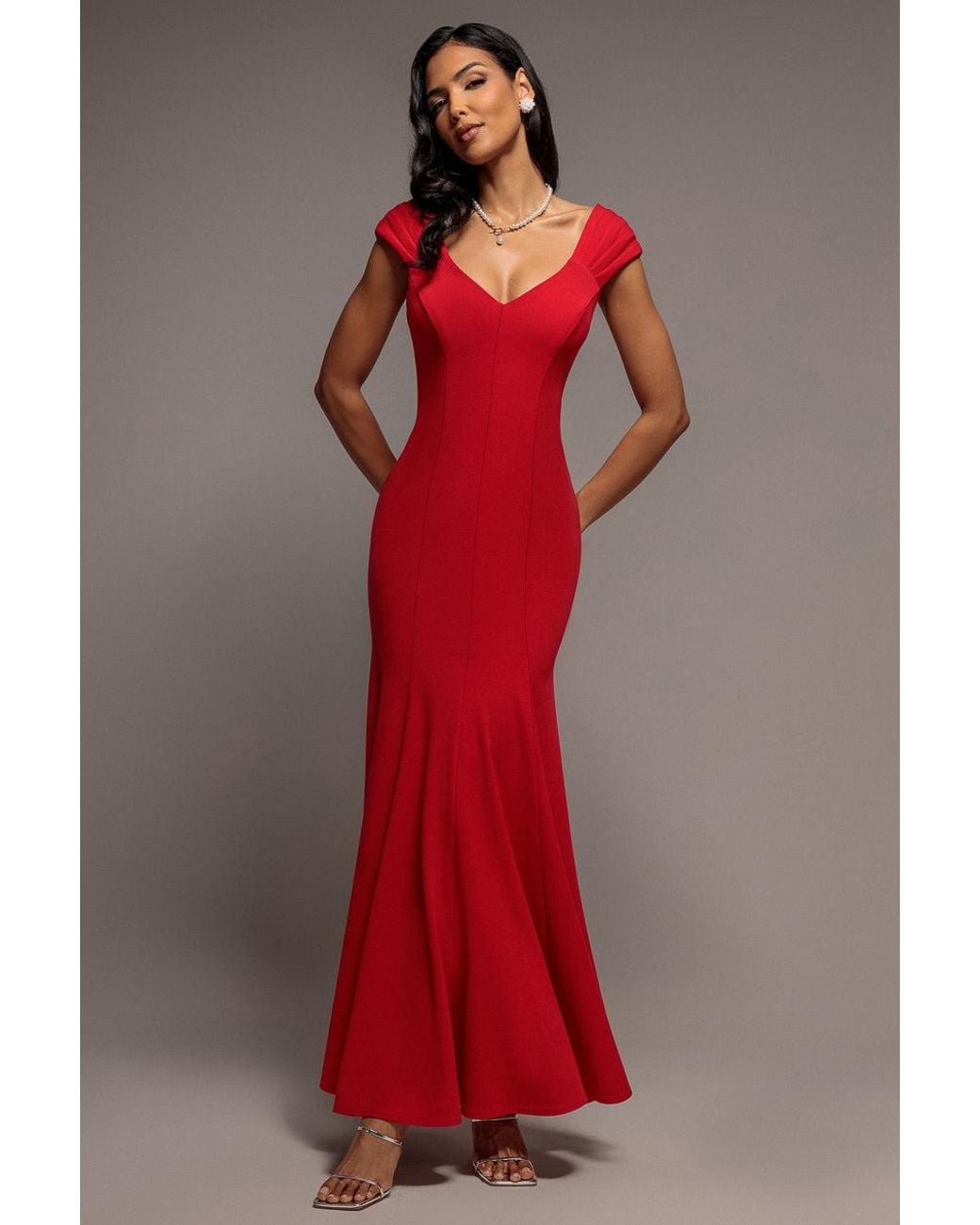 Goddiva Red Capped Sleeve V Neck Pleated Fit & Flare Maxi Dress