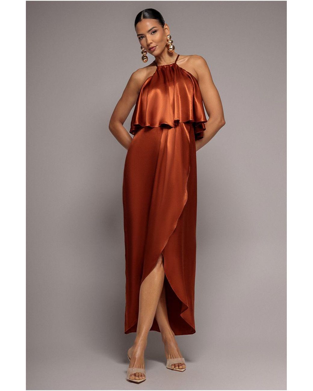 Goddiva Red Satin Viscose Front Wrap Midi